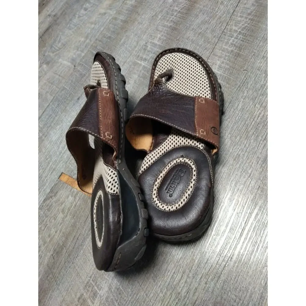 Mens Born Sandal Slip On Thongs Flip Flops Brown Leather Size 12/46 - Picture 7 of 11